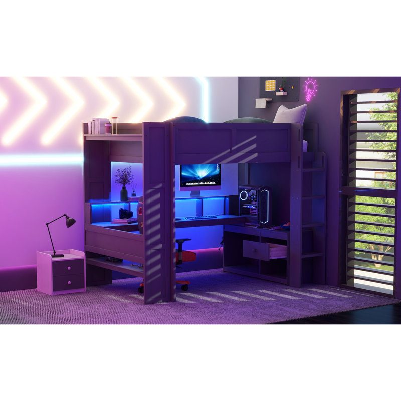 Lit de jeu en bois pleine grandeur avec bureau, rangement multiple, DEL et station de charge, gris foncé, loft robuste à charge, fiable