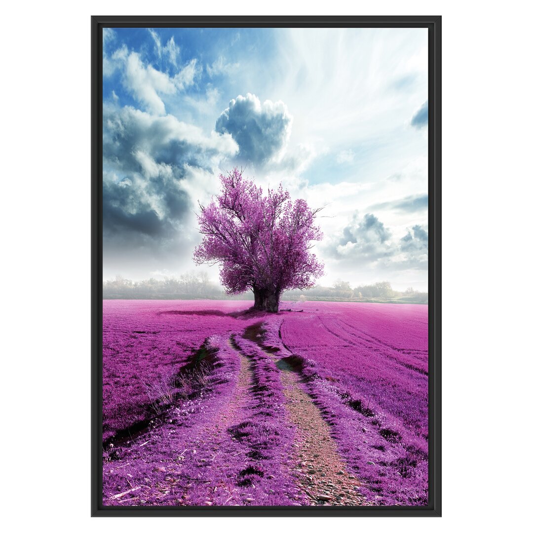 Gerahmtes Wandbild Pinkes Feld mit pinkem Baum