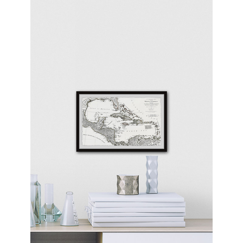 Une carte complète des Antilles - Reproduction d'art graphique sur papier encadré, H 12 po x l 18 po x P 1,5 po