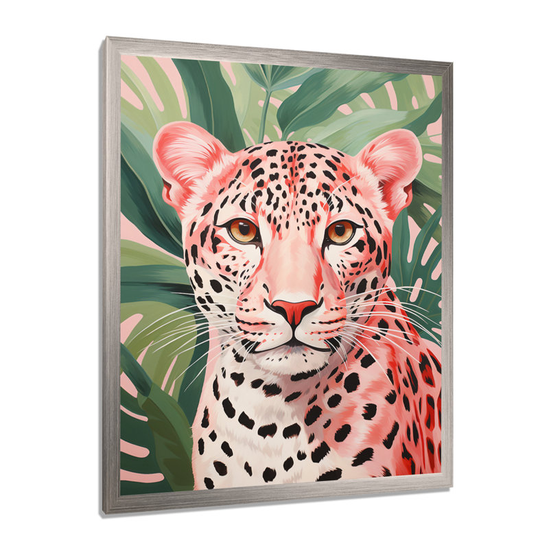 Vert et rose léopard, élégance tropicale V - impressions sur toile léopard, Cadre simple argenté, H 32 po x l 24 po x P 1 po