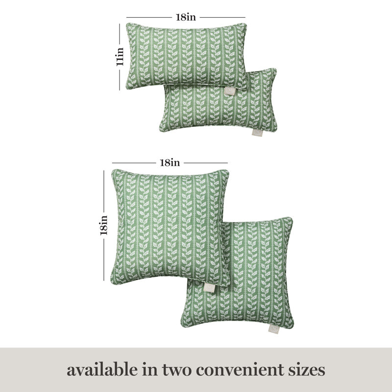 MARTHA STEWART Vineyard Vines Indoor Outdoor Lumbar Pillow 2-Pack Set, 18", 18"H x 11"W, Green, Rectangle