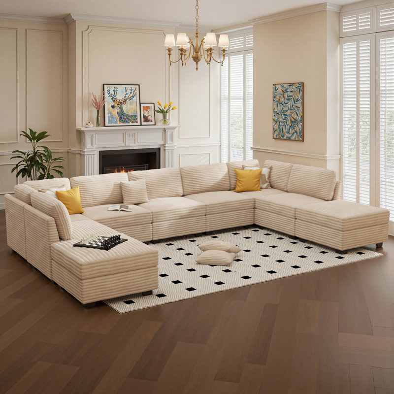 Modular Combination Sofa, Large L-shaped With Ottoman， Corduroy With Spring-wrapped Cushions, With A Capacity Of 9 Seats, Comfortable Living Room Cushions