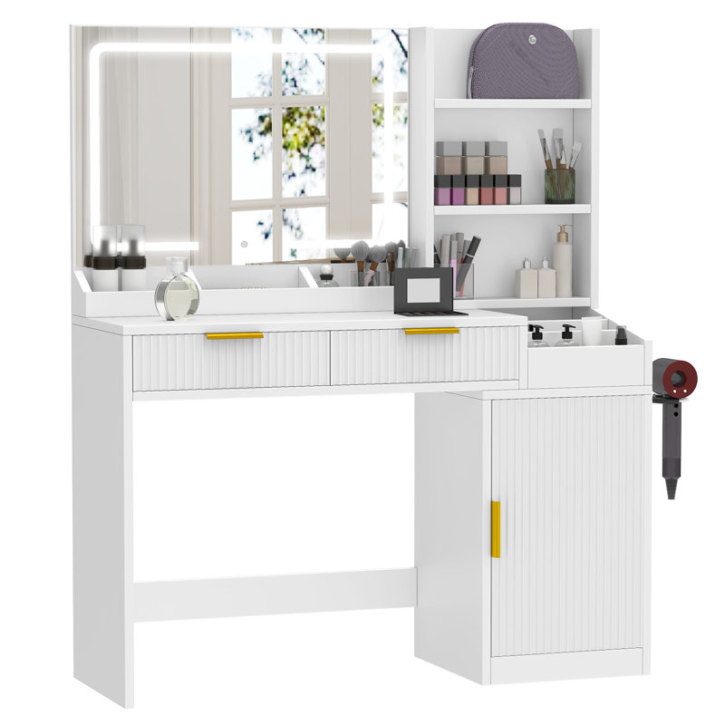  39.7" Vanity Desk With Large Lighted Mirror, 2 Drawers & Shelves & Charging Station, White