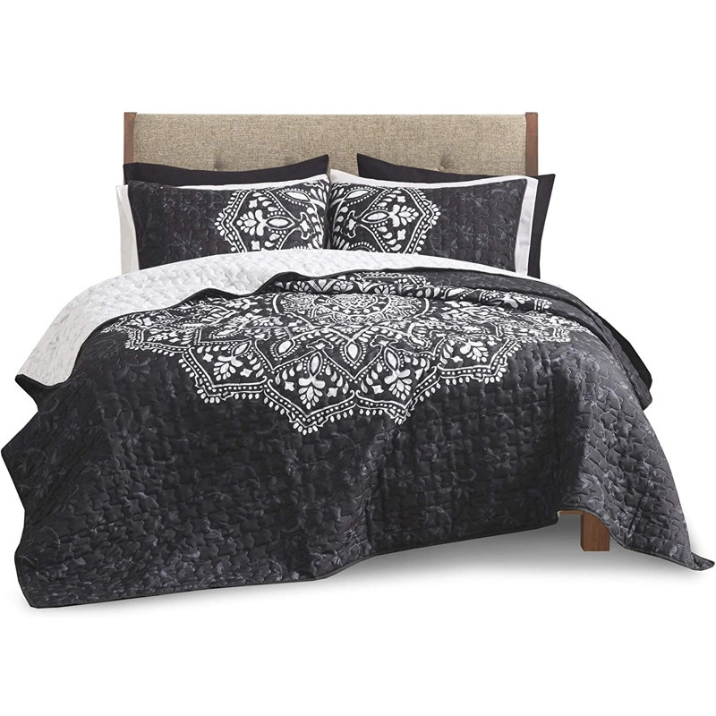 Ensemble de courtepointe en microfibre noire 3 pièces, Courtepointe grand lit + 2 taies d'oreiller standa