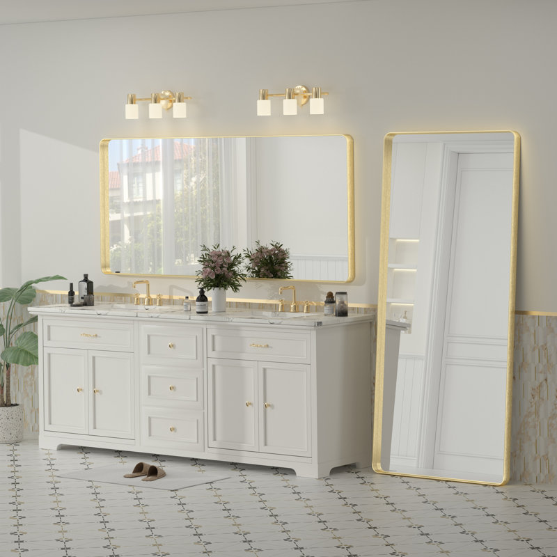 Molly Tempered Glass and Metal Framed French Cleat Mounted Wall Bathroom / Vanity Mirror, 72" x 32", Gold