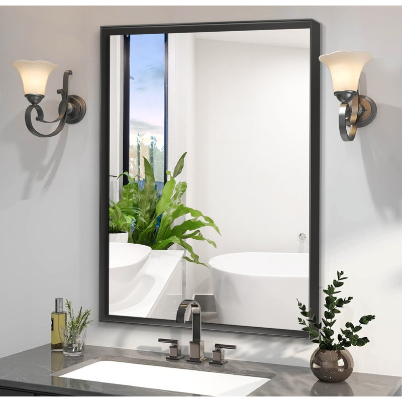 Square Angle Black Metal Bathroom Mirror - Rectangular Wall Mounted Hanging Plates HD Shatterproof for Bathroom
