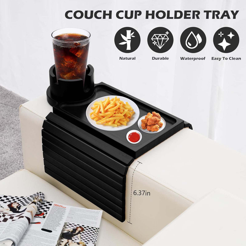 Couch Cup Holder Tray, 3 In 1 Large Couch Arm Table,Bamboo Sofa Clip On Tray Table With 360° Ratated Phone Holder For Couch,Armrest Tray For Drink,Snacks,Remote,Phone