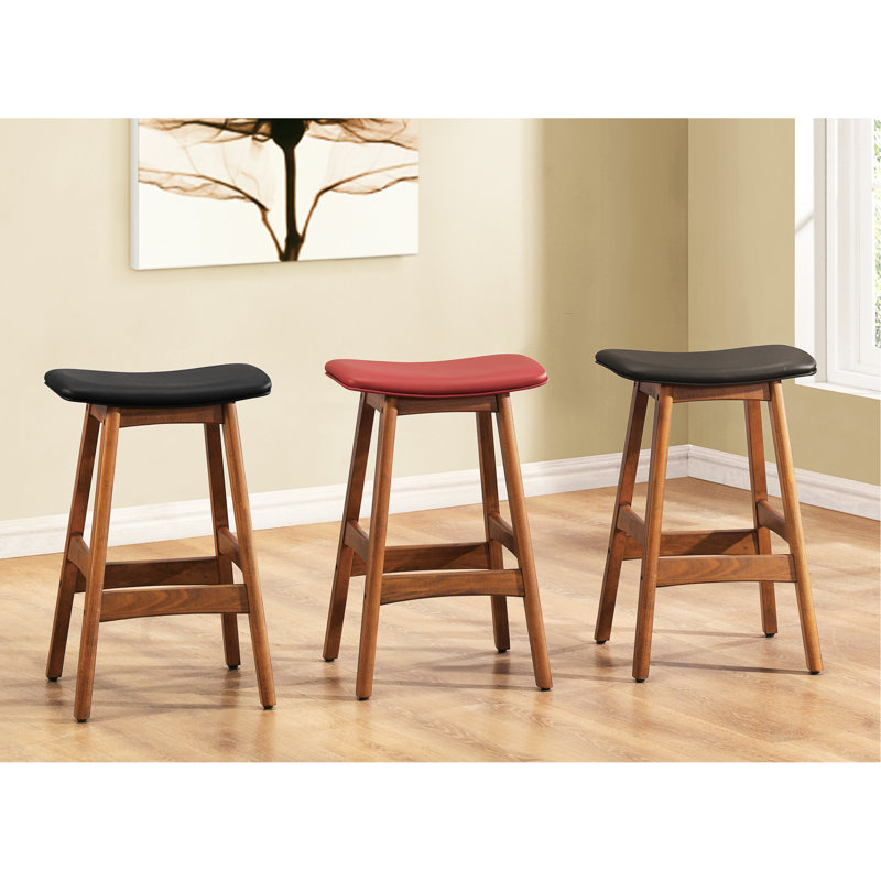 2 tabourets de comptoir en bois massif de style Mid-Century moderne avec finition noyer et assise en similicuir rouge pour les chaises de cuisine