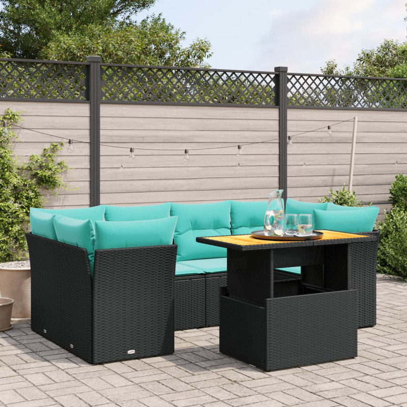  Ensemble de canapé de patio 7 pièces avec coussins en rotin de polyester noir