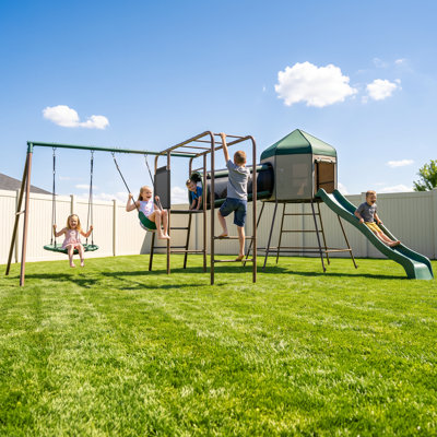 880 lb. Metal Swing Set with Treehouse Tent, 7 ft. Slide, Crawl Tunnel, Monkey Bars and 2 Swings for Kids Ages 3–12