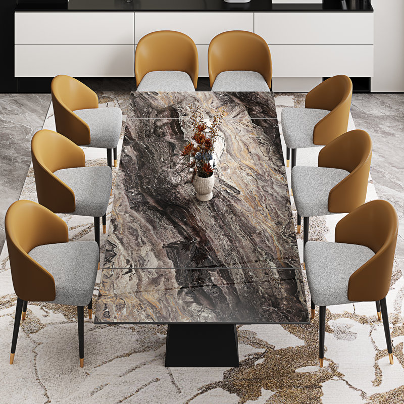 9-Piece Dining Set With 110.24'' Extendable Sintered Stone Table Top, 8 Upholstered Faux Leather Dining Chairs & Metal Base