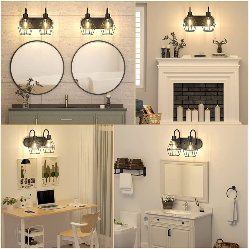 Black Metal Cage 2-Light Dimmable Vanity Fixture