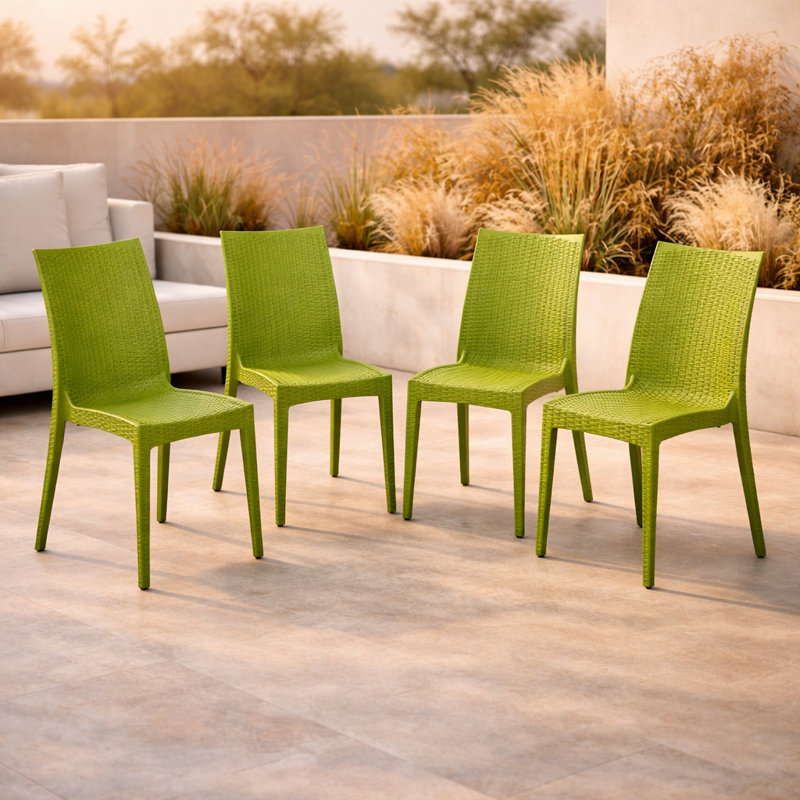 Chaise de patio d'extérieur empilable Quade, vert, Ensemble de 4