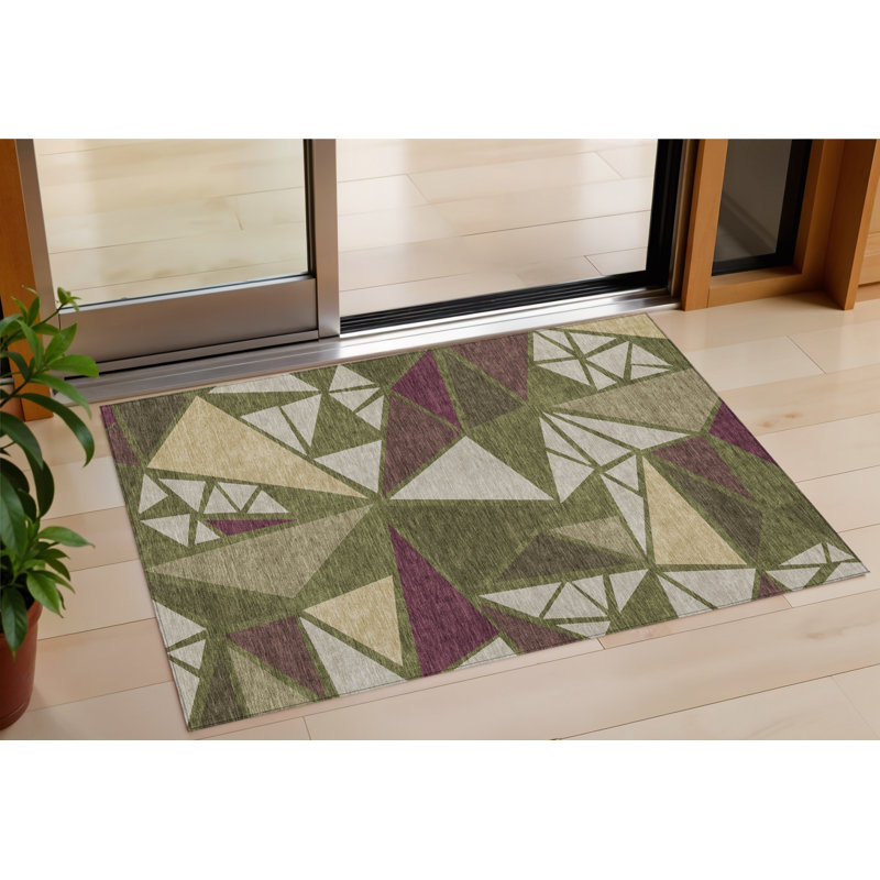 3' X 5' Olive Green Ivory And Burgundy Geometric Washable Indoor Outdoor Area Rug