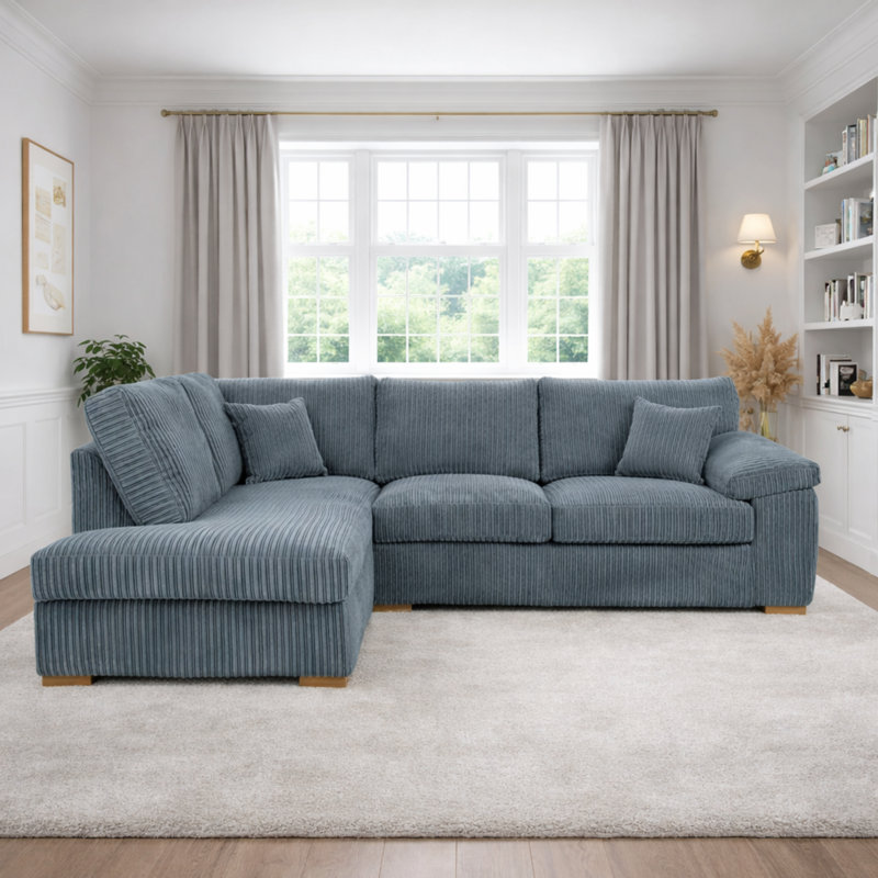 4 Seater Corduroy Sofa & Chaise, Left Hand Facing, Grey