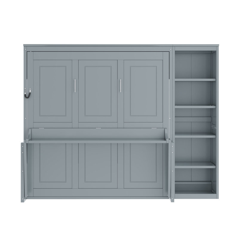 Grand lit escamotable avec bureau et bibliothèque, gris, (5 Shelves) 86.8"H x 92.4"W x 84.6"D, Grey