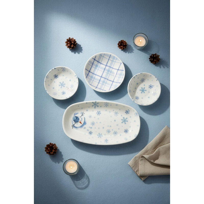 14-Piece Breakfast Set, Blue & White & Green Porcelain | Includes 6 Service Plates (7.5 in), 2 Bowls (5.1 x 5.1 x 1.6 in), 4 Joker Bowls (4.3 x 4.3 x 1.4 in), 2 Platters (9.4 x 5.5 in) | Dishwasher & Microwave Safe, Perfect for Stylish Dining