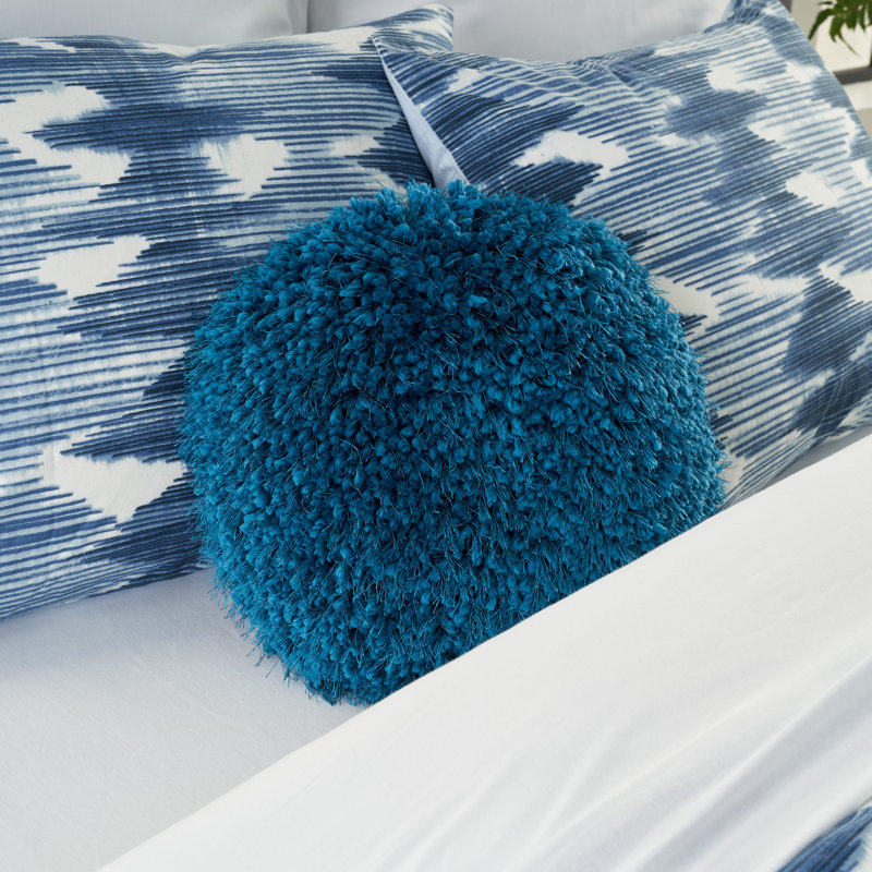 Teal Blue Round Shag Polyester Throw Pillow 14"