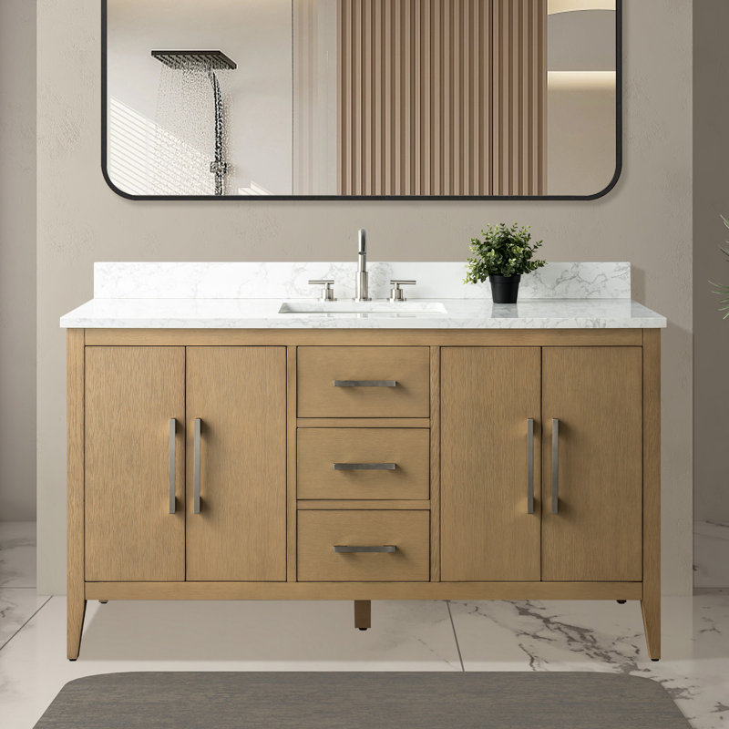 Meuble-lavabo simple 60 po avec plateau en marbre Chambery, Chêne naturel, Nickel brossé