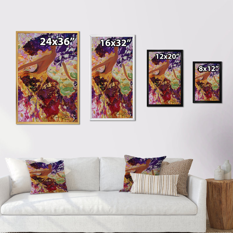 Abstrait mauve dansant - décoration murale moderne et contemporaine en toile, Cadre flottant doré, H 32 po x l 16 po x P 1 po