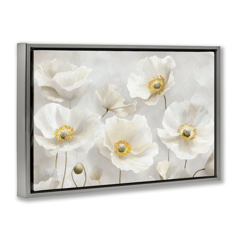 Élégant cadre flottant floral blanc, design par Petal Prints Design, H 21 po x l 31 po, Cadre flottant gris lustré