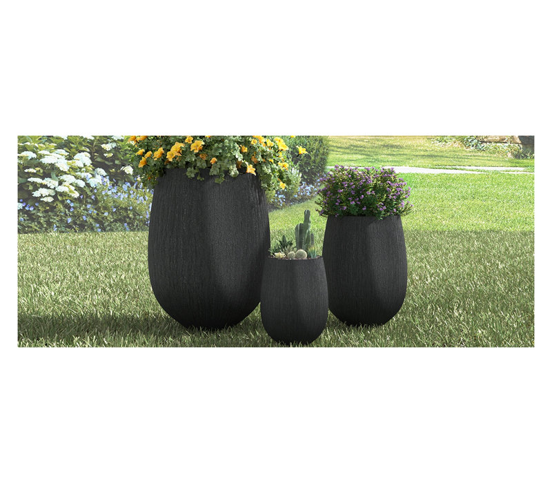 Ensemble de 3 pots de fleurs d'extérieur en oxyde de magnésium léger en forme d'œuf, noir, Black