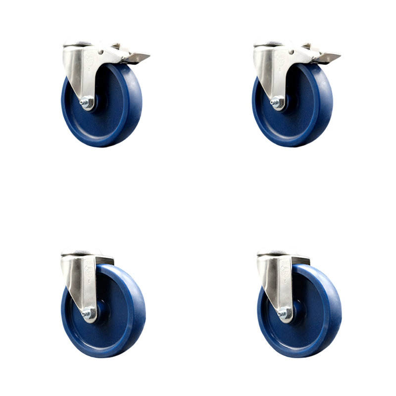 Solid Polyurethane Swivel Bolt Hole Caster Set with 2 Lock Brake, 5" H x 5" W