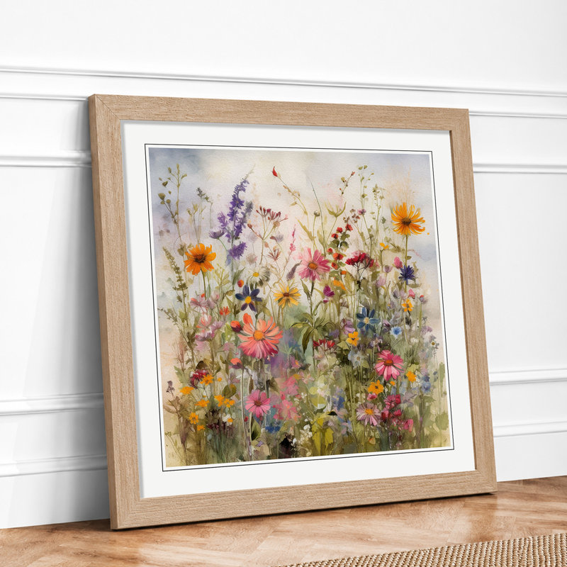 Meadow Floral Art No.5 - Single Picture Frame Print on Wood, Oak
