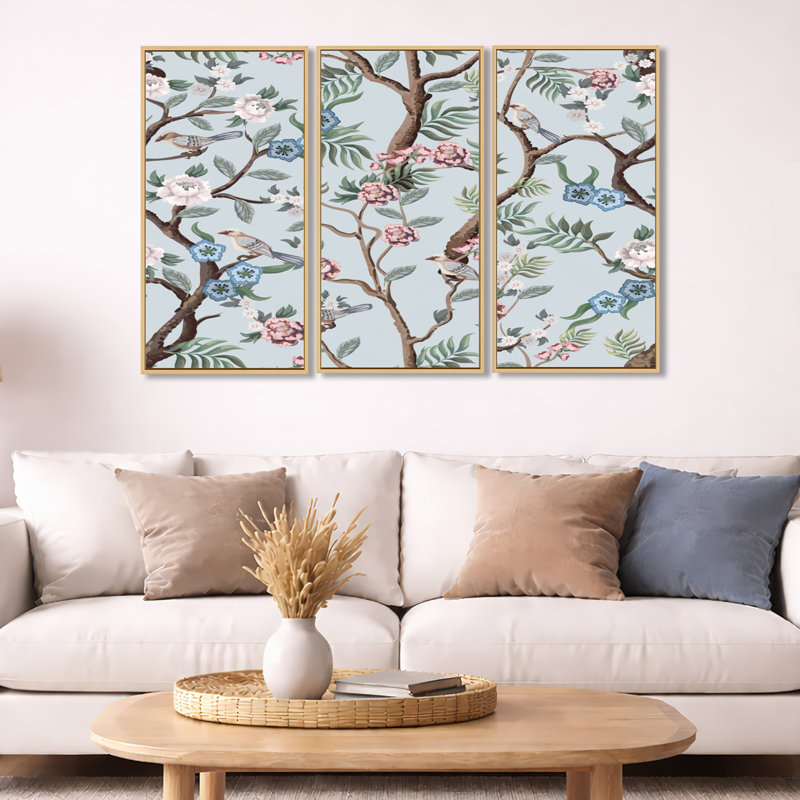 Chinoiserie avec oiseaux et pivoines, peinture sur toile 3 pièces, H 20 po x l 36 po, Cadre brun