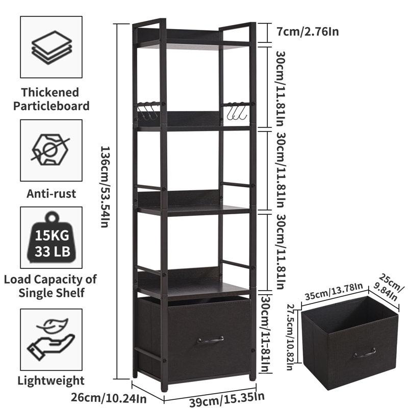 136cm H x 39cm W Metal Bookcase, Black