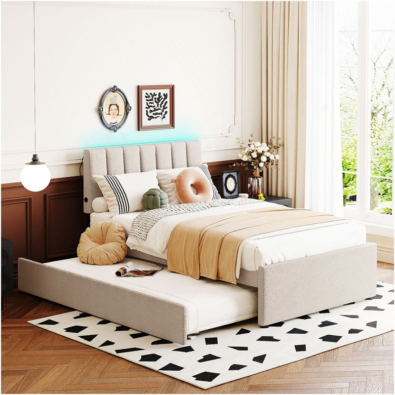 Lit plateforme tapissier simple avec lit gigogne Teddy, Beige
