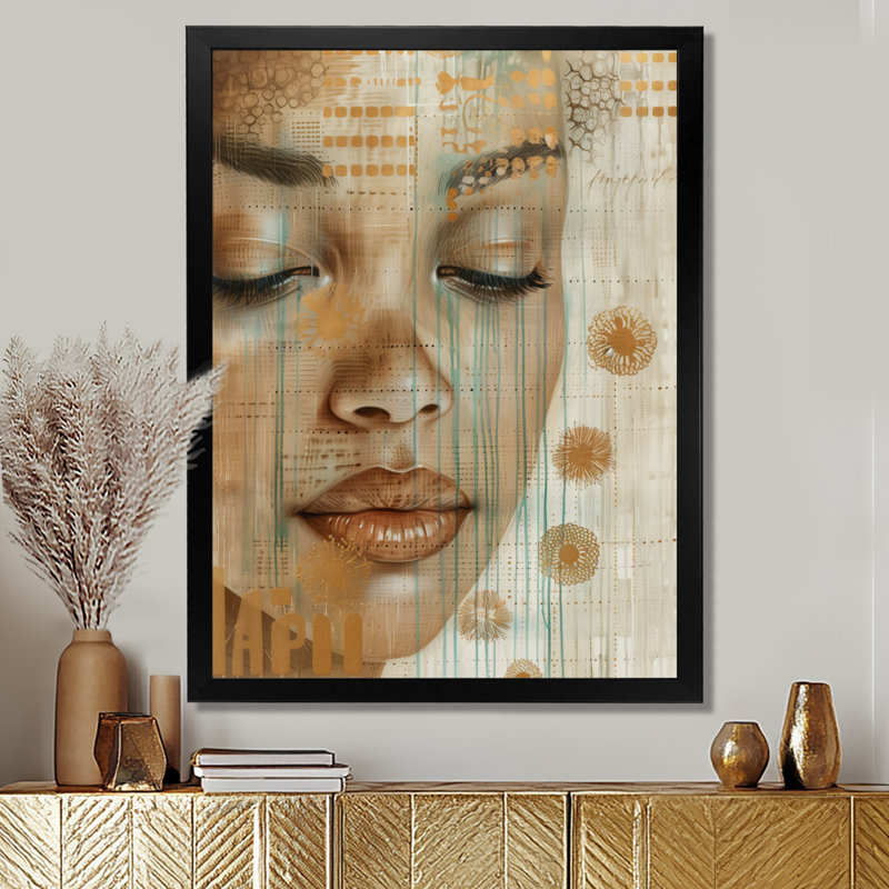 Vert et brun, Zen Boho, Portrait de femme II - Art bohème mural, Cadre simple noir, H 20 po x l 12 po x P 1 po