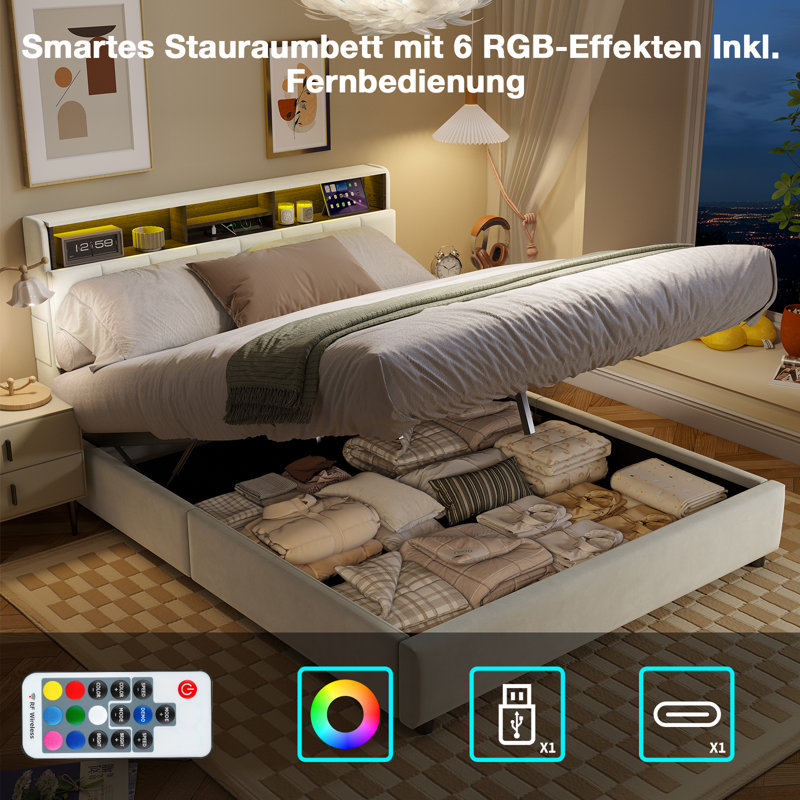 Ottoman Storage Bed Frame with Charging Station & Headboard Storage, Hydraulic Lift-Up Base, EuropeanDouble (140 x 200 cm)