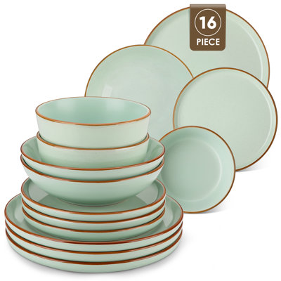 16-Piece Green Matte & Glossy Two-Finish Dinnerware Set for 4, Modern Contrast Design on Plates & Bowls