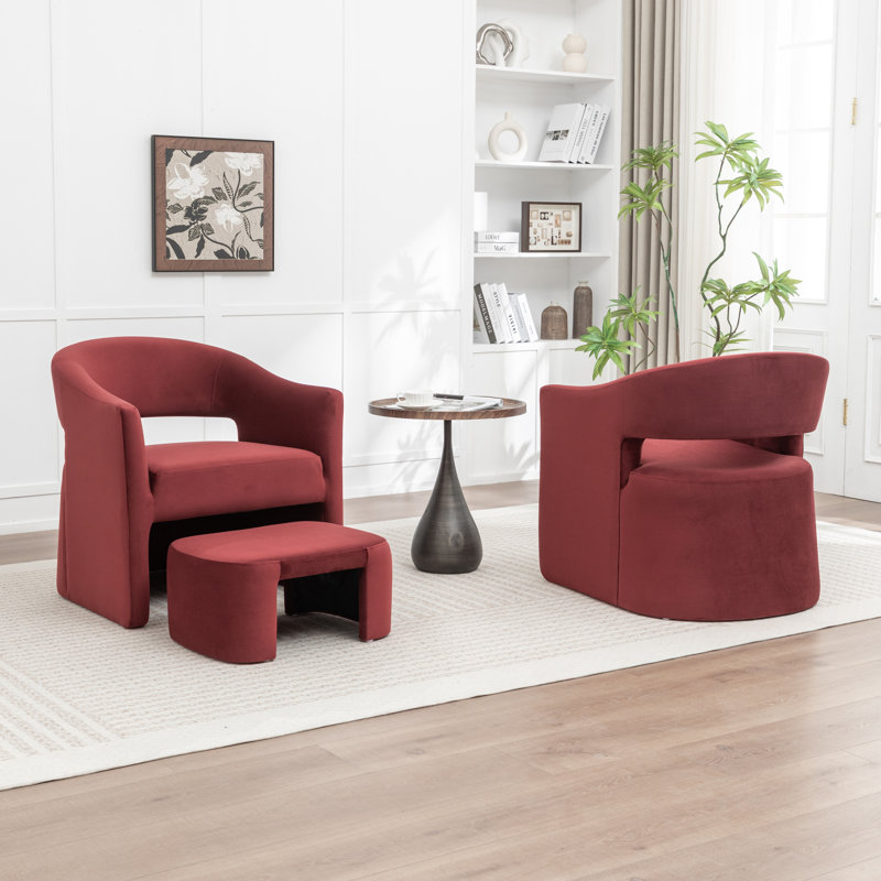 Upholstered Barrel Chair With Ottoman, Red