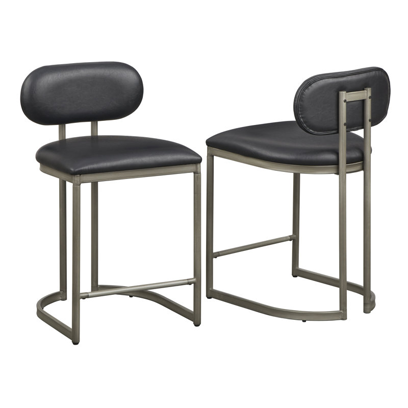 Tabouret de comptoir Haegen, Similicuir noir / cadre gris brossé