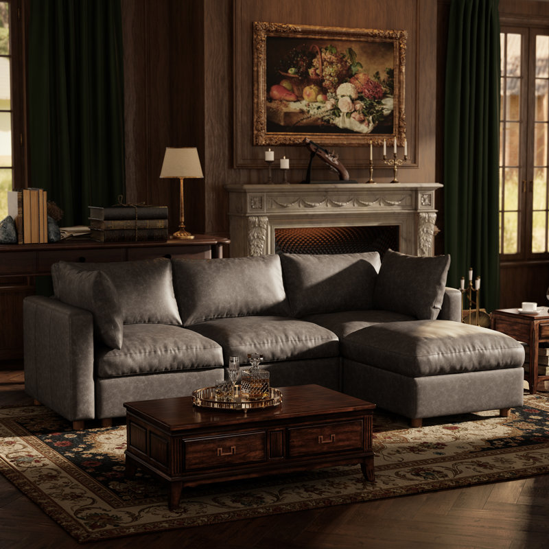 99" Leather Upholstered Sectional Sofa with Hidden Storage, BEIGE, 3Seaters-L