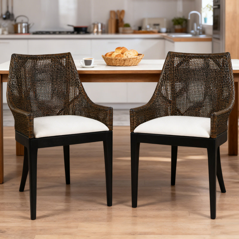 Contoured Rattan Wrapped Back Upholstered Arm Accent Chair
