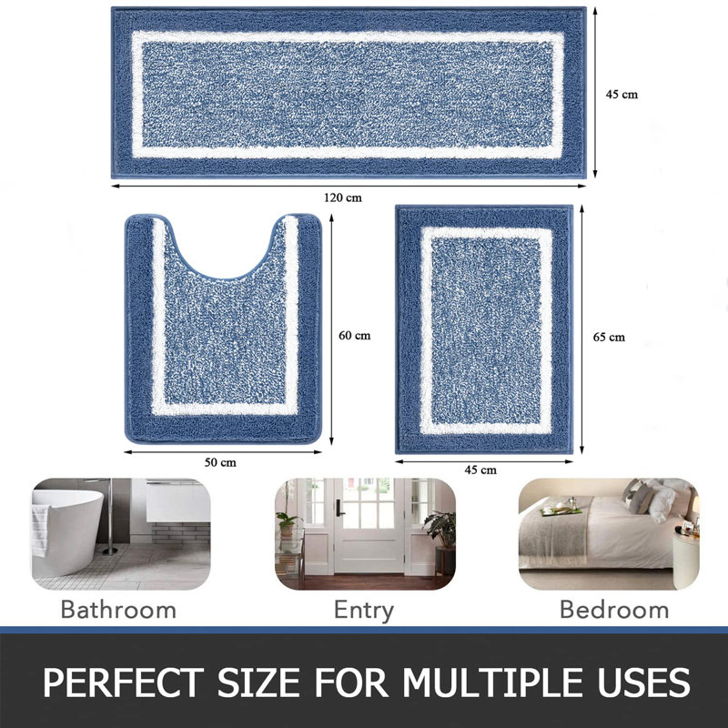 Ultra Soft 3-Piece Set Rectangle Bath Rug, Blue