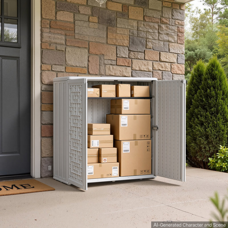 Abri de jardin de 8 pi³ en résine blanche étanche, idéal pour le garage, la terrasse, les accessoires de jardin et les outils. Abri pour tondeuse à gazon avec tablette réglable, portes verrouillables et plancher.