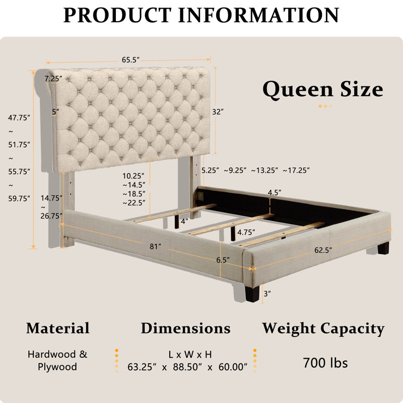 Base de lit tapissier Bradson, Beige, Grand