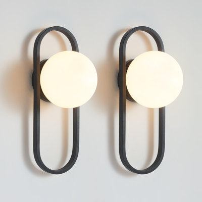 Wall Sconces, Set Of 2, Matte Black, Modern Light Fixture With White Globe Glass Shade, Wall Lighting