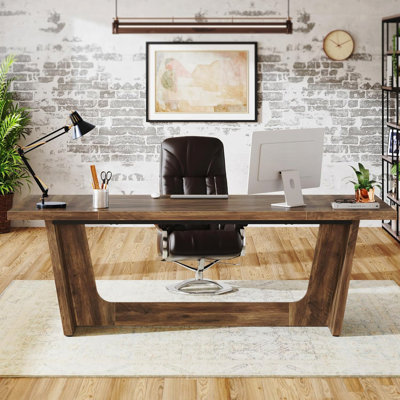 Bureau de direction 71 po pour bureau à domicile - Table d'ordinateur industrielle en bois rustique avec piédestal en bois massif, grand poste d'écriture pour bureau ou bureau - Finition résistante aux égratignures - Brun rustique