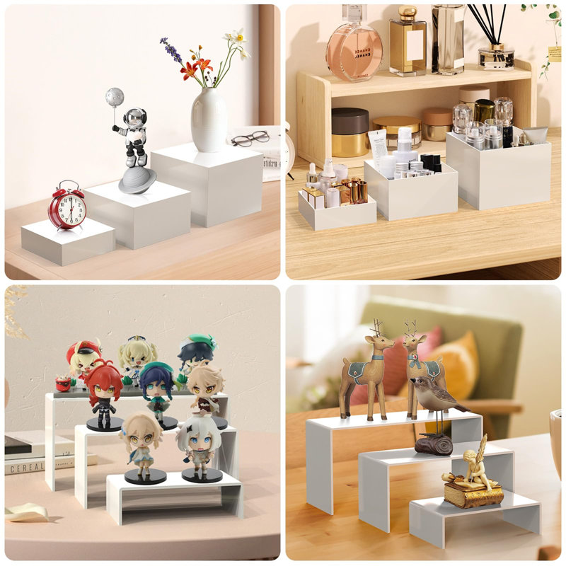 6Pcs Buffet Risers, 3 Set White Acrylic Display Boxes With Display Stand