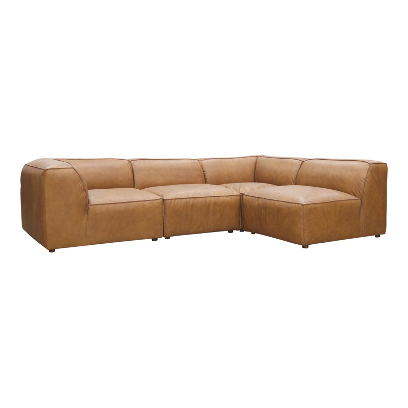 Upholstered L-Shaped Sectional Right Hand Facing, Tan Genuine Leather