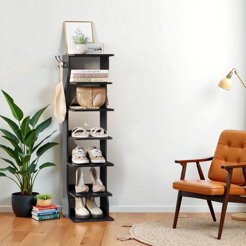 7-Tier 7 Pairs Vertical Shoe Rack, Narrow Shoe Storage Organizer with Hooks, 43.5" H x 10.4" W x 11.8" D, Black