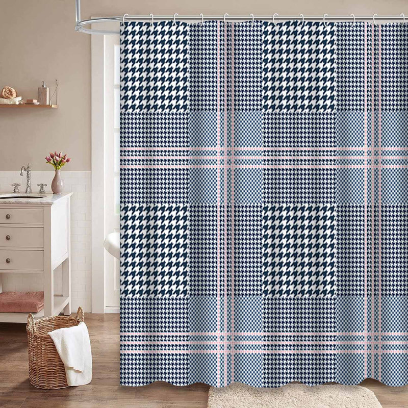 Rideau de douche à carreaux bleu marine et blanc triple avec 12 crochets, L 72 po x l 78 po