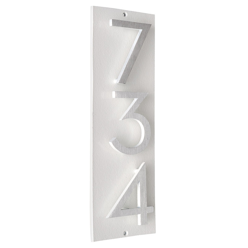 Plaque d’adresse murale flottante linéaire, Blanc, Nickel satiné deux tons, Oui
