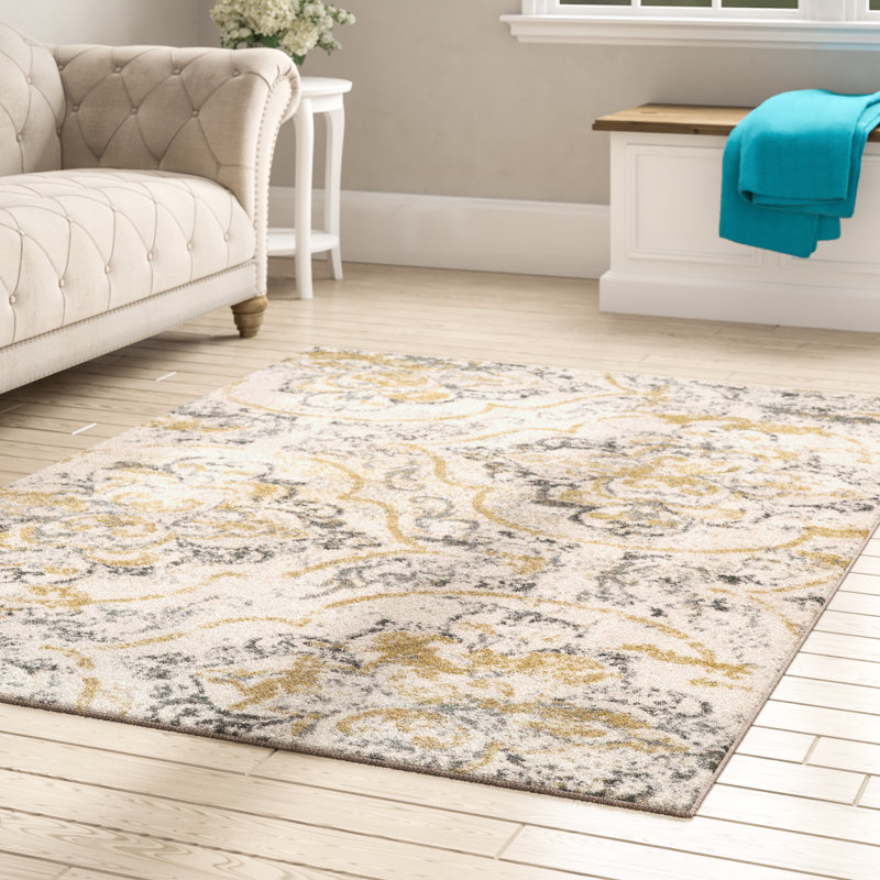 Tapis blanc cassé à motif damassé Zanesville, Rectangle 5 pi 3 po x 7 pi 5 po