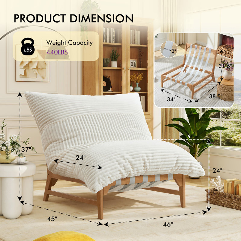 Lounge Chair With Shredded Memory Foam Cushion, Corduroy, Solid Rubberwood Frame & Adjustable Leg, White, White Corduroy 
